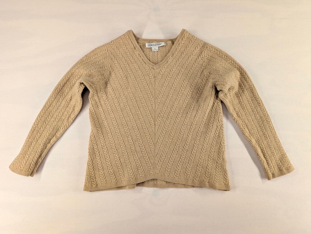 Vtg 90s Merino Wool sweater Pendleton v-neck cable knit Shrunk to 16" Pit to Pit